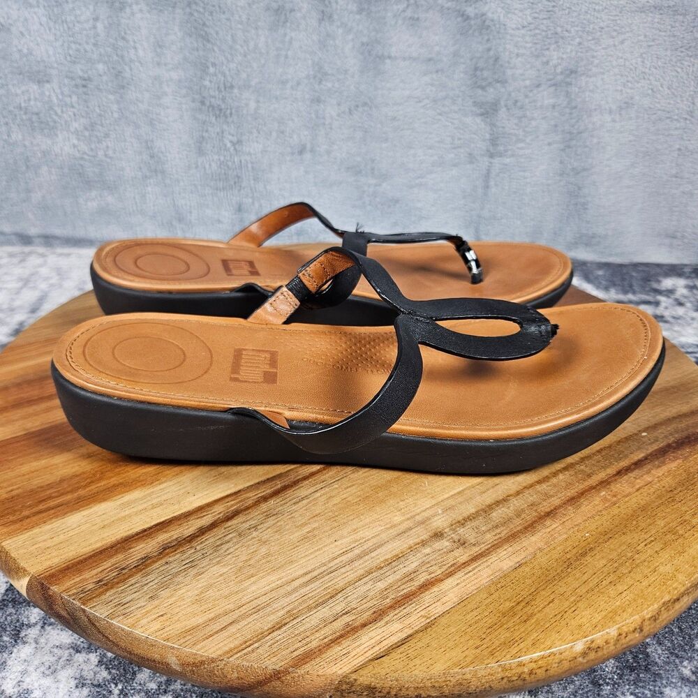 Fit Flop Strata Toe Thong Leather Sandal Black Summer Beach Preppy Women’s 7